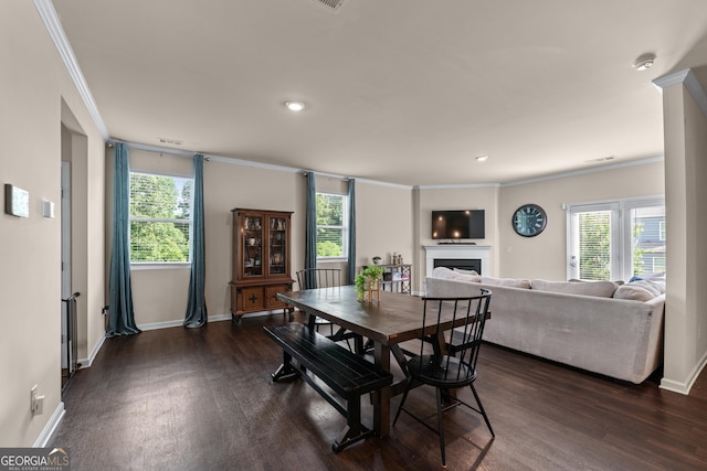 5804 Screech Owl Dr, Flowery Branch, GA 30542 - dining room with crown molding, dark wood finished floors, a fireplace, and recessed lighting
