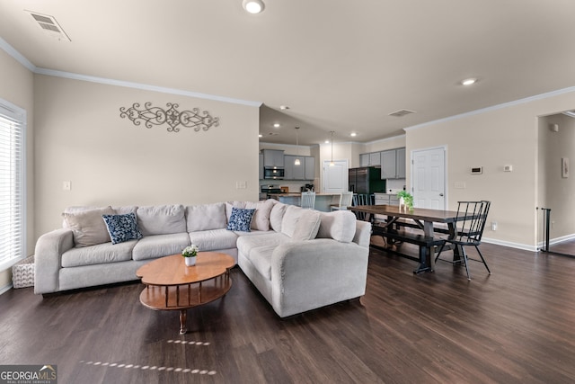 5804 Screech Owl Dr, Flowery Branch, GA 30542 - living room with ornamental molding, dark wood finished floors, and recessed lighting