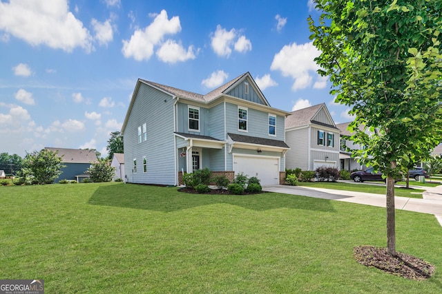 5804 Screech Owl Dr, Flowery Branch, GA 30542 - view of front facade featuring concrete driveway, brick siding, an attached garage, a front yard, and board and batten siding