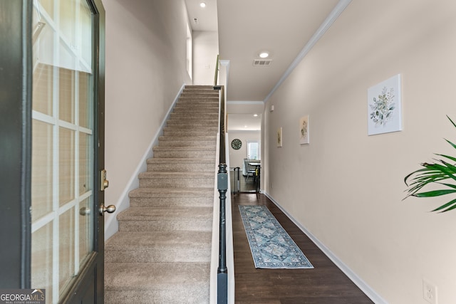 5804 Screech Owl Dr, Flowery Branch, GA 30542 - stairway with wood finished floors, ornamental molding, recessed lighting, and french doors