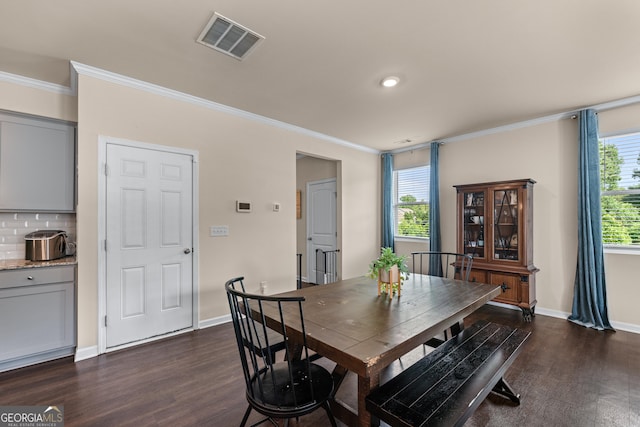 5804 Screech Owl Dr, Flowery Branch, GA 30542 - dining space featuring dark wood-style flooring, crown molding, plenty of natural light, and recessed lighting