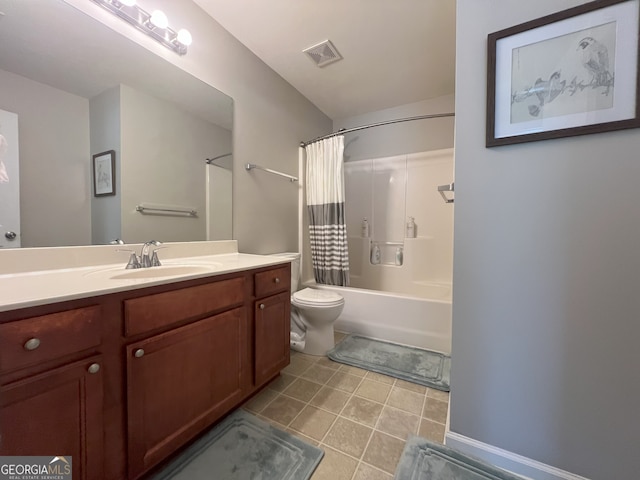 2481 Southhaven Ln, Buford, GA 30519 - bathroom featuring vanity, shower / bathtub combination with curtain, and tile patterned flooring