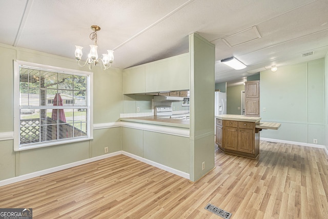 340 Loblolly Rdg, Locust Grove, GA 30248 - kitchen with light wood-style floors, light countertops, white appliances, and decorative light fixtures