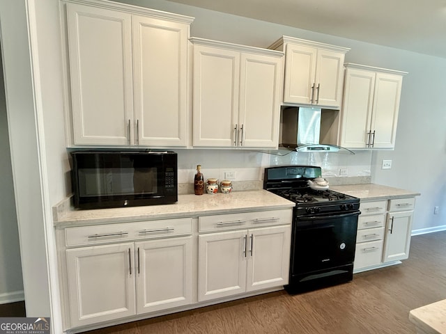 5599 Wheeler Ridge Rd, Auburn, GA 30011 - kitchen featuring black appliances, ventilation hood, light wood-type flooring, and white cabinets