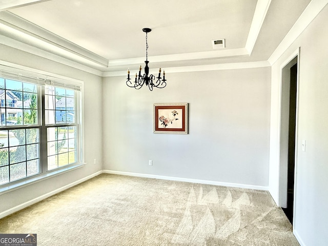 5599 Wheeler Ridge Rd, Auburn, GA 30011 - unfurnished room featuring a raised ceiling, a chandelier, carpet floors, and ornamental molding