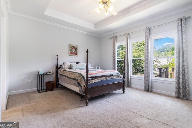 1469 Crescent Walk, Decatur, GA 30033 - carpeted bedroom with a raised ceiling, ornamental molding, and a ceiling fan