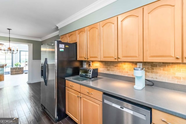 2628 Tanglewood Rd, Decatur, GA 30033 - kitchen featuring stainless steel appliances, light brown cabinets, crown molding, a chandelier, and dark wood-style floors
