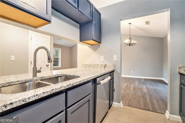 3918 S Creek Ct, Stone Mountain, GA 30083 - kitchen featuring stainless steel dishwasher, a chandelier, and light stone countertops