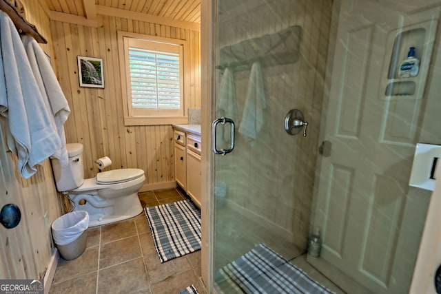 165 Pepe Rd, Clayton, GA 30525 - full bath with wood walls, a shower stall, vanity, wooden ceiling, and tile patterned floors