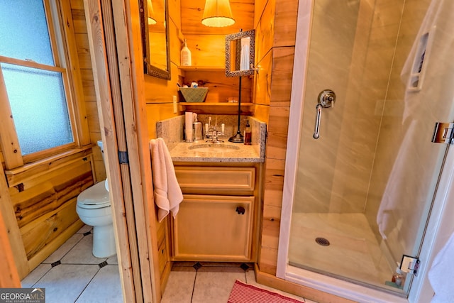 165 Pepe Rd, Clayton, GA 30525 - bathroom featuring a stall shower, vanity, tile patterned floors, and wood walls