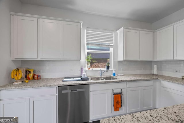 2942 Salinger Way, Gainesville, GA 30507 - kitchen with stainless steel dishwasher, white cabinets, tasteful backsplash, and light stone countertops