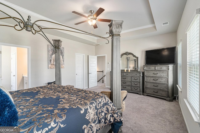 2384 Hastings Manor Ln, Hampton, GA 30228 - carpeted bedroom featuring crown molding, a ceiling fan, and ensuite bathroom
