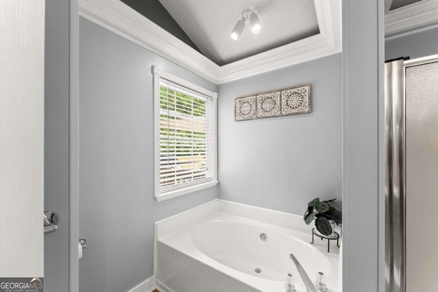 15 Miners Pt SE, Acworth, GA 30102 - bathroom featuring a tub with jets, vaulted ceiling, a textured ceiling, and a shower stall