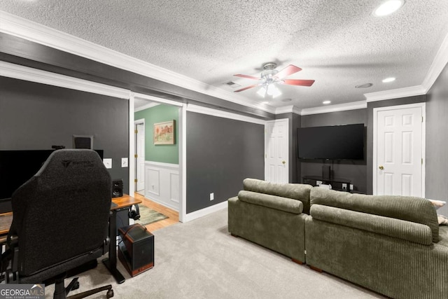 15 Miners Pt SE, Acworth, GA 30102 - living room with a ceiling fan, crown molding, an office area, a textured ceiling, and wainscoting