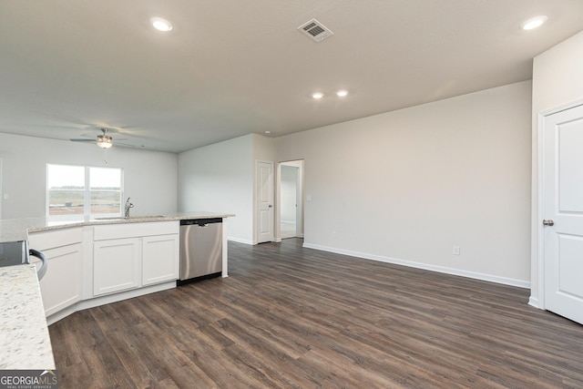 1512 Big Bud Ln, Locust Grove, GA 30248 - kitchen with stainless steel dishwasher, ceiling fan, dark wood-type flooring, open floor plan, and recessed lighting