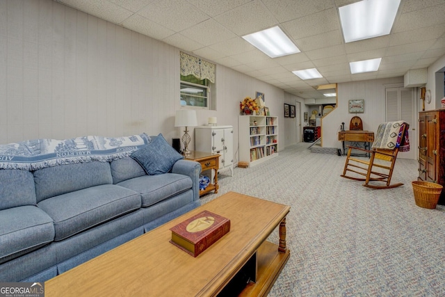 2400 White Pine Ln, Mansfield, GA 30055 - living area with carpet flooring, a paneled ceiling, and wooden walls