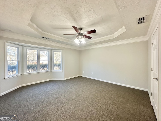 4035 Winchester Way, Loganville, GA 30052 - spare room with a raised ceiling, a ceiling fan, a textured ceiling, dark colored carpet, and ornamental molding