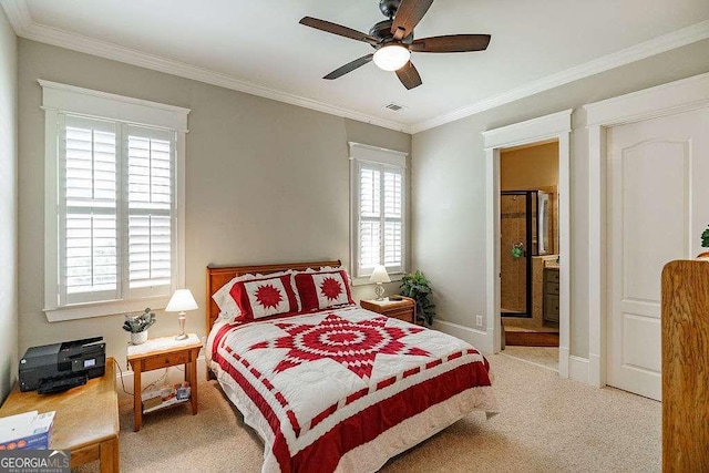 2052 Trimleston Rd, Statham, GA 30666 - carpeted bedroom featuring crown molding, a ceiling fan, and connected bathroom
