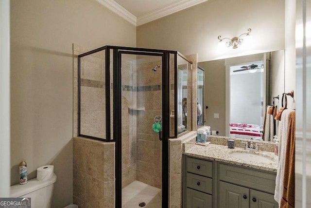 2052 Trimleston Rd, Statham, GA 30666 - full bathroom featuring ornamental molding, vanity, a stall shower, a ceiling fan, and ensuite bathroom
