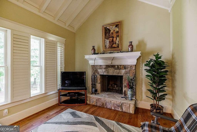 2052 Trimleston Rd, Statham, GA 30666 - living area featuring wood finished floors, lofted ceiling, and a fireplace