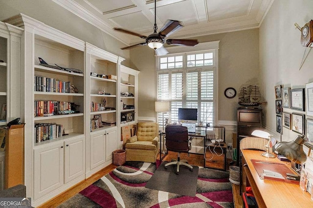 2052 Trimleston Rd, Statham, GA 30666 - office area featuring ceiling fan, crown molding, coffered ceiling, a wainscoted wall, and wood finished floors