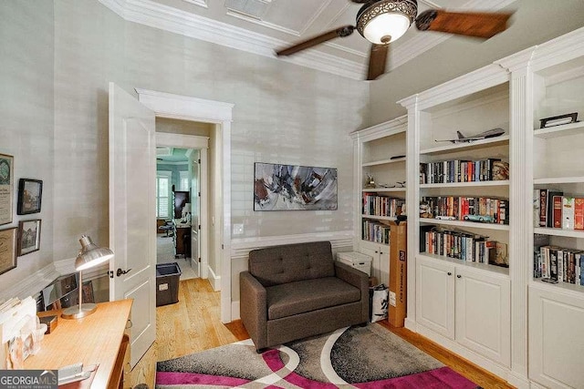 2052 Trimleston Rd, Statham, GA 30666 - sitting room featuring light wood-style flooring, a ceiling fan, and crown molding