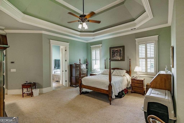2052 Trimleston Rd, Statham, GA 30666 - bedroom with a raised ceiling, carpet, ornamental molding, connected bathroom, and a ceiling fan