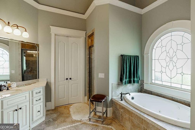 2052 Trimleston Rd, Statham, GA 30666 - full bath with a tub with jets, a stall shower, vanity, plenty of natural light, and ornamental molding