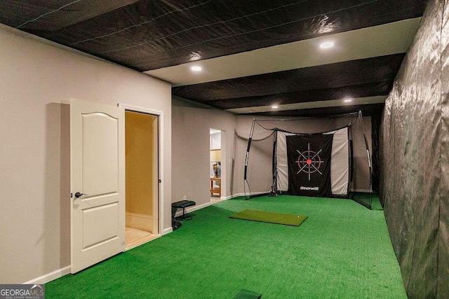 2052 Trimleston Rd, Statham, GA 30666 - rec room featuring carpet flooring, golf simulator, recessed lighting, and a putting green