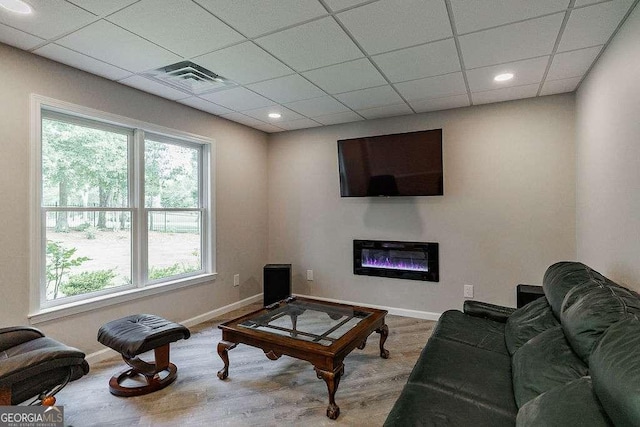 2052 Trimleston Rd, Statham, GA 30666 - living area featuring wood finished floors, a glass covered fireplace, healthy amount of natural light, a paneled ceiling, and recessed lighting