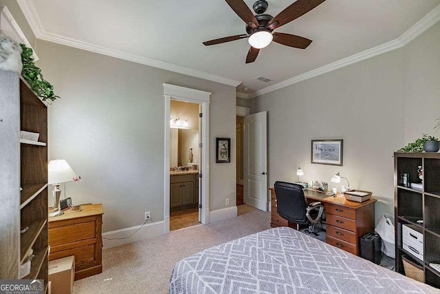 2052 Trimleston Rd, Statham, GA 30666 - carpeted bedroom featuring a desk, ornamental molding, connected bathroom, and ceiling fan