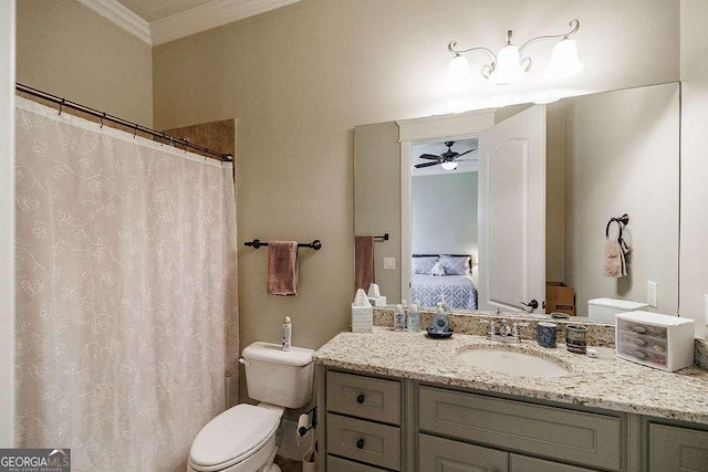 2052 Trimleston Rd, Statham, GA 30666 - ensuite bathroom featuring vanity, ornamental molding, curtained shower, and a ceiling fan