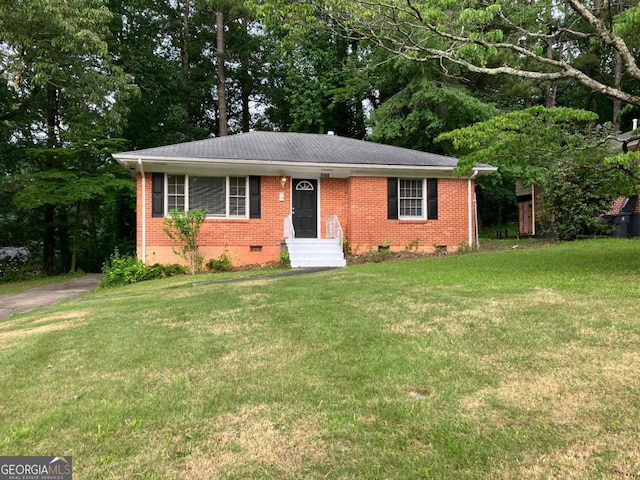 3160 Delowe Dr, Atlanta, GA 30344 - ranch-style home featuring crawl space, brick siding, a front lawn, and a shingled roof