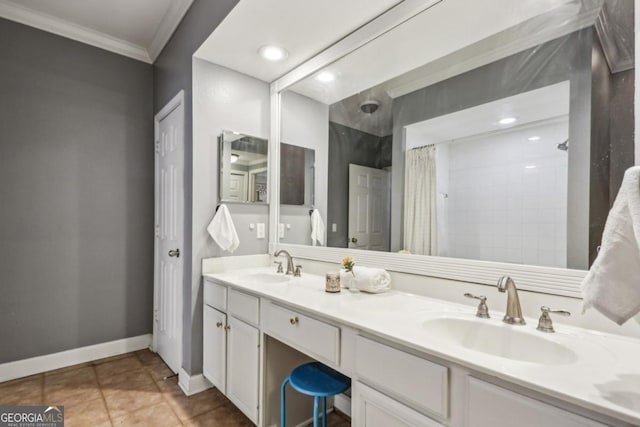 3777 Peachtree Rd NE Unit 1216, Atlanta, GA 30319 - bathroom with crown molding, double vanity, a shower with curtain, and tile patterned floors
