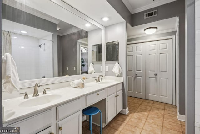3777 Peachtree Rd NE Unit 1216, Atlanta, GA 30319 - full bathroom with crown molding, double vanity, tiled shower, tile patterned flooring, and recessed lighting