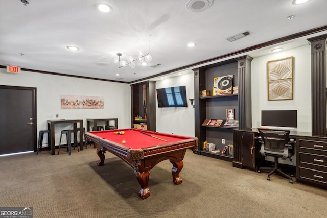 3777 Peachtree Rd NE Unit 1216, Atlanta, GA 30319 - game room with carpet floors, crown molding, recessed lighting, pool table, and a desk