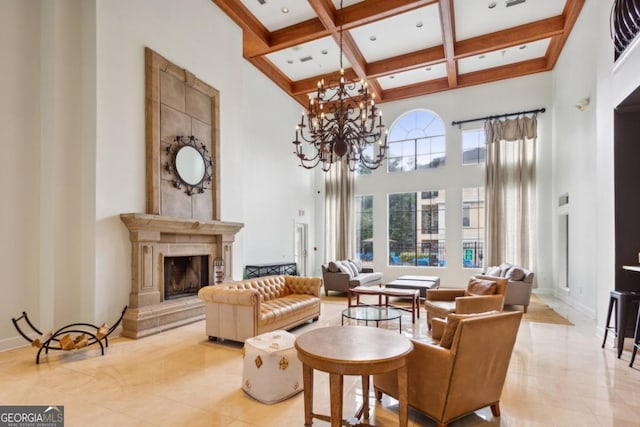 3777 Peachtree Rd NE Unit 1216, Atlanta, GA 30319 - living area with a towering ceiling, beam ceiling, coffered ceiling, a chandelier, and light tile patterned flooring