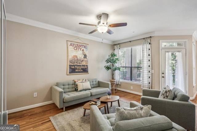 3777 Peachtree Rd NE Unit 1216, Atlanta, GA 30319 - living room featuring a ceiling fan, wood finished floors, and ornamental molding