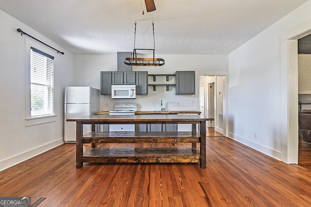 242 Hydrolia, Macon, GA 31217 - kitchen with white appliances, dark wood-style floors, gray cabinetry, and ceiling fan