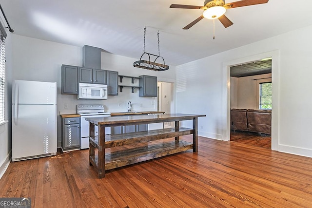242 Hydrolia, Macon, GA 31217 - kitchen featuring white appliances, dark wood-style flooring, ceiling fan, and gray cabinets