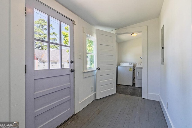 242 Hydrolia, Macon, GA 31217 - doorway to outside with washing machine and dryer, dark wood-type flooring, vaulted ceiling, and electric panel