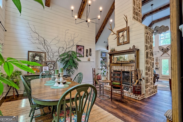 533 Ledford Rd, Dillard, GA 30537 - dining area with beamed ceiling, wood walls, wood finished floors, high vaulted ceiling, and a brick fireplace