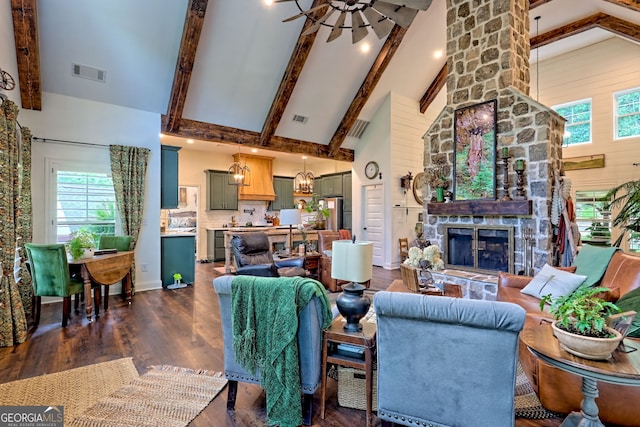 533 Ledford Rd, Dillard, GA 30537 - living area with high vaulted ceiling, healthy amount of natural light, ceiling fan, dark wood-style floors, and a fireplace