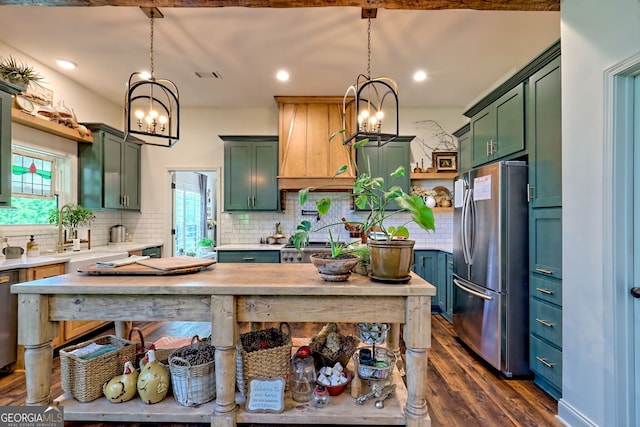 533 Ledford Rd, Dillard, GA 30537 - kitchen featuring appliances with stainless steel finishes, green cabinetry, a chandelier, light countertops, and dark wood-style flooring