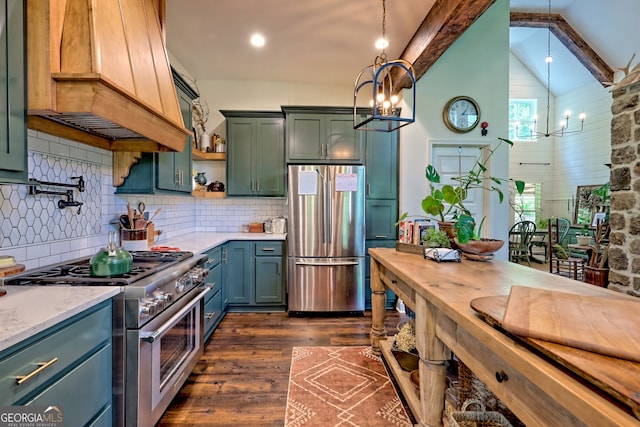 533 Ledford Rd, Dillard, GA 30537 - kitchen with stainless steel appliances, a chandelier, custom range hood, dark wood-style flooring, and green cabinetry