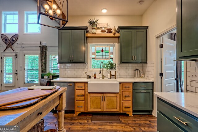 533 Ledford Rd, Dillard, GA 30537 - kitchen featuring dishwasher, green cabinets, healthy amount of natural light, and dark wood-type flooring