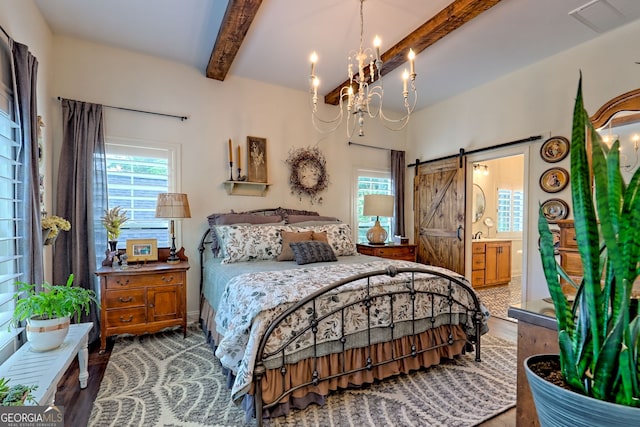 533 Ledford Rd, Dillard, GA 30537 - bedroom with wood finished floors, beam ceiling, multiple windows, and a chandelier