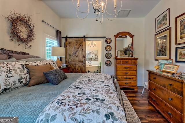533 Ledford Rd, Dillard, GA 30537 - bedroom with a chandelier, dark wood-type flooring, and a barn door