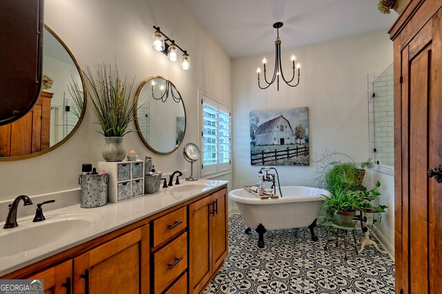 533 Ledford Rd, Dillard, GA 30537 - full bathroom with a chandelier, a soaking tub, and double vanity