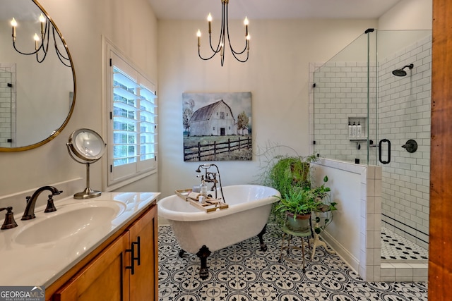 533 Ledford Rd, Dillard, GA 30537 - bathroom with a stall shower, a freestanding bath, vanity, a chandelier, and tile patterned flooring